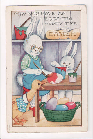 Easter - Humanized fantasy rabbits or hares coloring eggs, duck - A06712