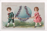 Easter - Easter Greetings - 2 kids carrying large egg - EAS - A06727