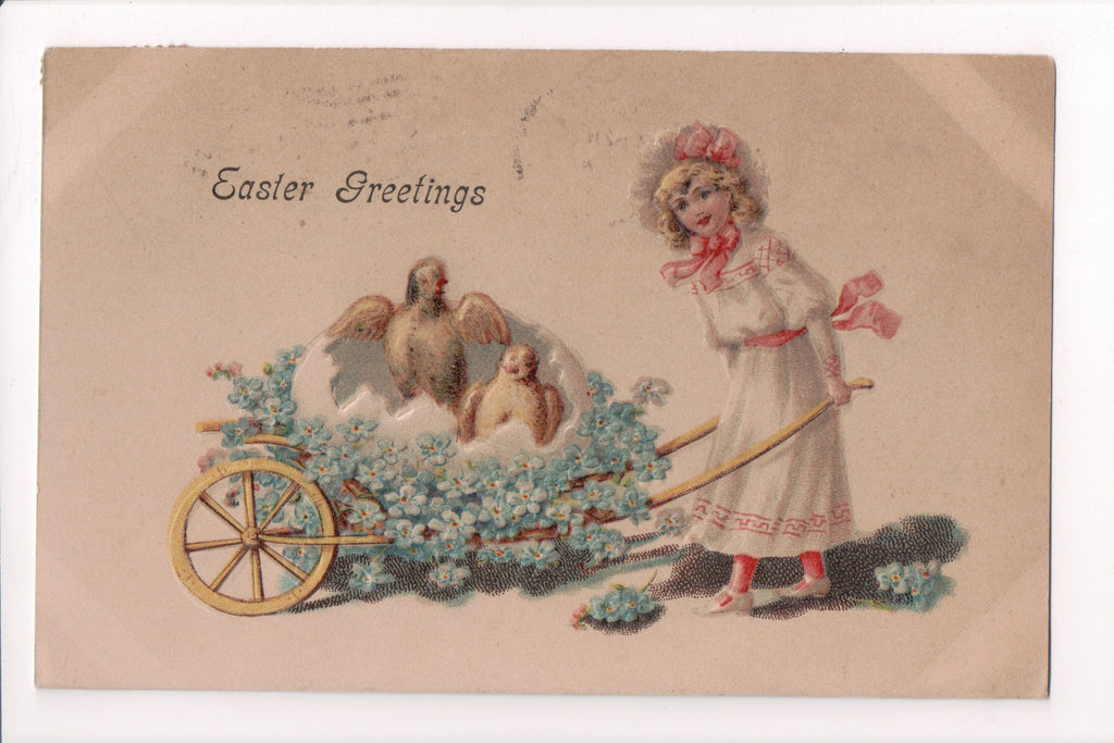 Easter - Easter Greetings - young girl pushing chicks, wheelbarrow - B06333