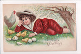Easter - Greeting - Boy laying with hen and chicks - B17119
