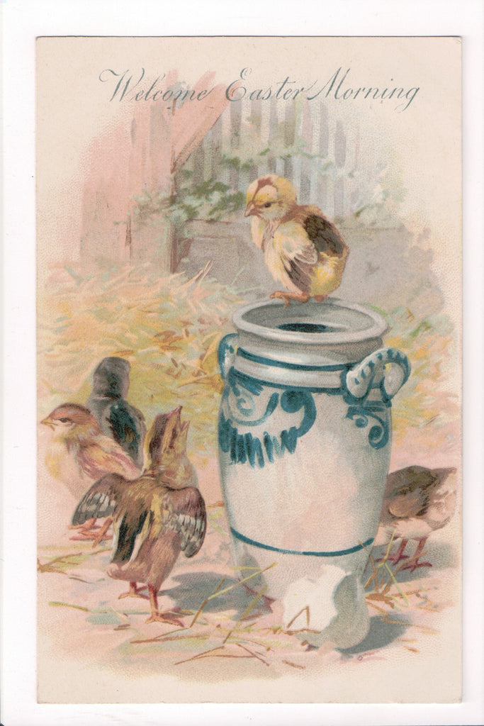 Easter - crock with blue with a few chicks - E10343