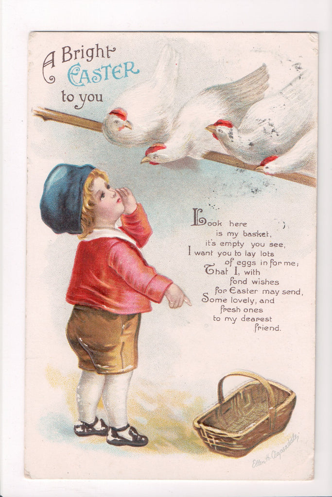 Easter - Boy, hens on perch - Clapsaddle signed - T00217