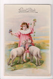 Easter - Glad Pask - young girl in pink, 2 lambs - w02112
