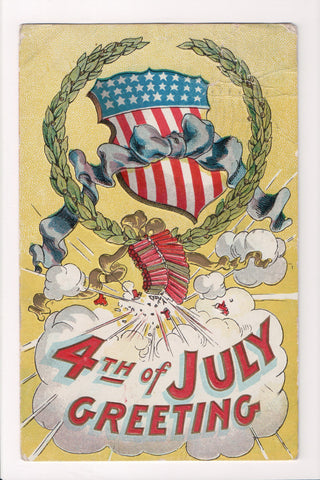 Vintage Patriotic Postcard - Fourth of July Greeting, firecrackers - B10110