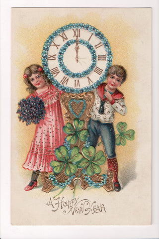 New Year - A Happy New Year - kids, clover, clock, flower etc - A06060
