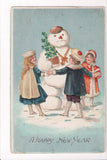 New Year - snowman, 4 leaf clovers, kids surrounding it - B06487