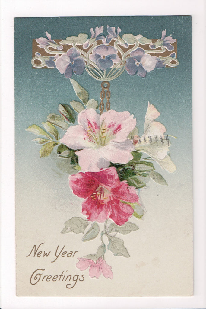 New Year - Greetings, pink and purple flowers - Winsch back - C08658