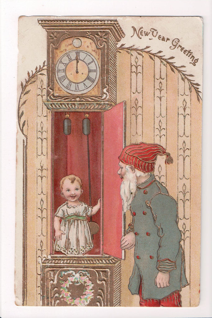 New Year - Greeting - showing a small child in grandfather clock - C08674