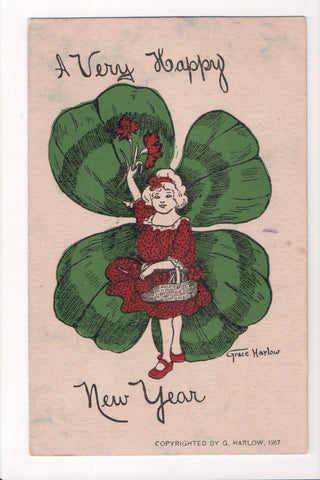 New Year - girl, large 4 leaf clover - Grace Harlow signed - G03001