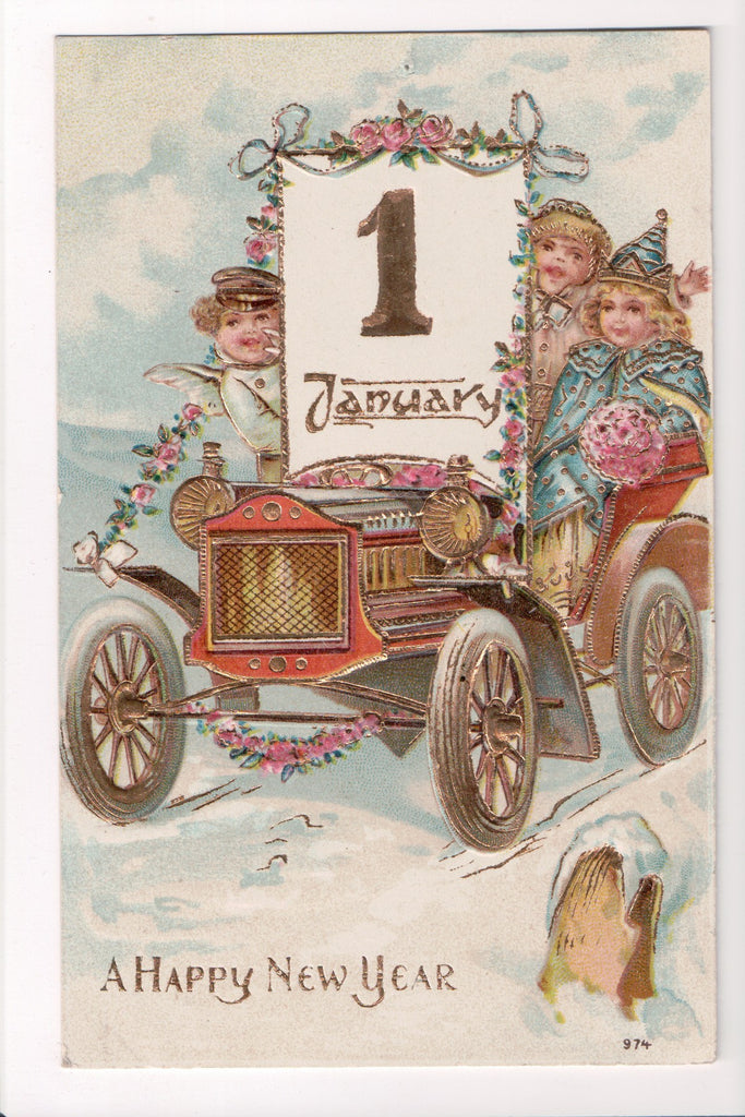 New Year - January 1 sign - kids in old spoked wheeled car - T00240