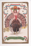 Thanksgiving - Greetings postcard - naked boy/girl riding Tom Turkey - 606320