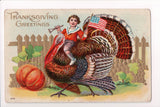 Thanksgiving - Greetings postcard - boy on turkey, US flag - A06679