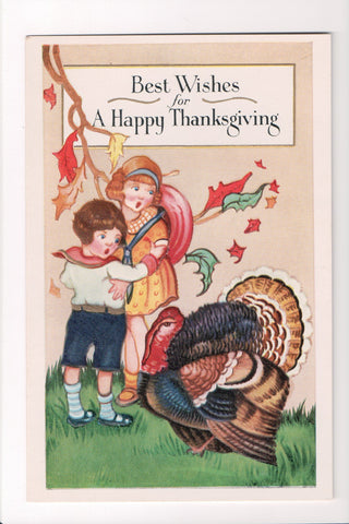 Thanksgiving - Best Wishes postcard - boy, girl, turkey - A06689