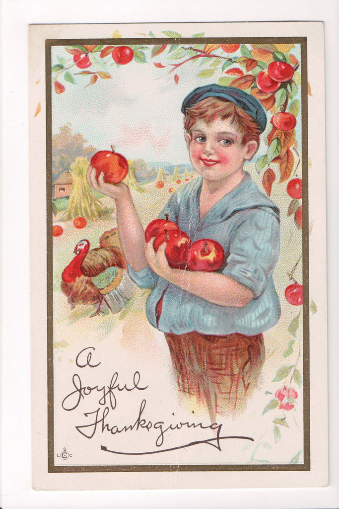 Thanksgiving - Joyful postcard - Boy, apples, turkey etc - B05124