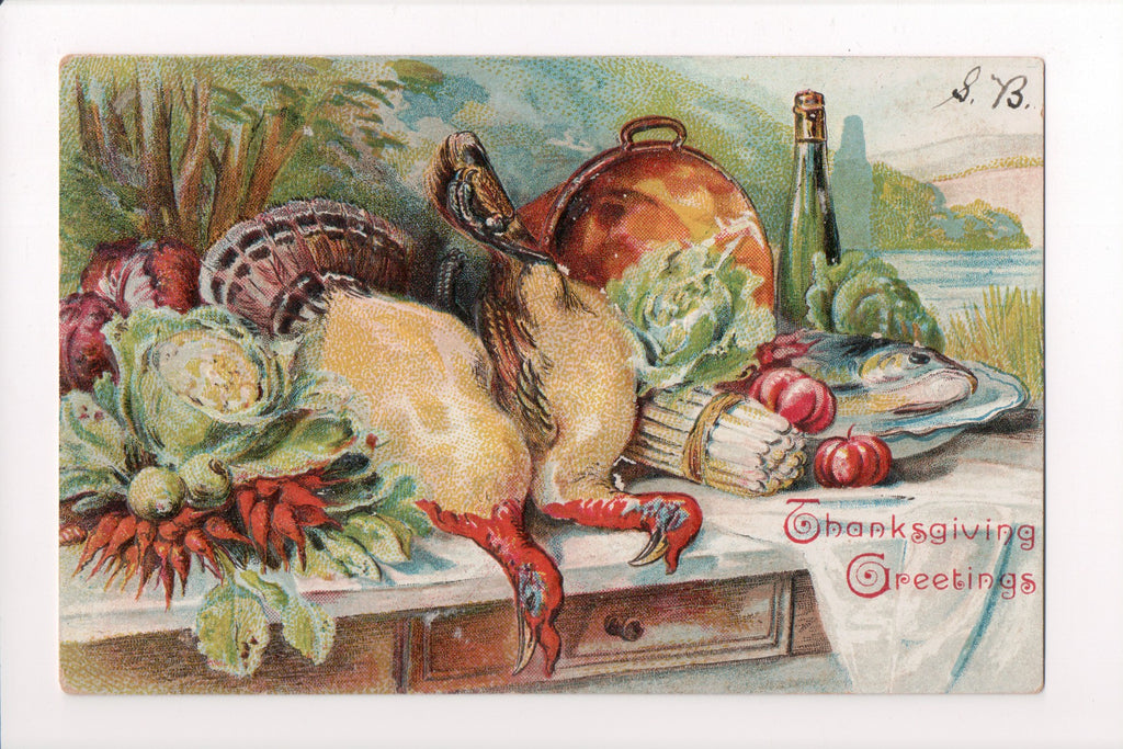 Thanksgiving - Greetings postcard - 2 dead birds, fish etc - B05137