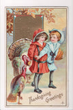 Thanksgiving - Greetings postcard - young boy, girl, turkeys - B05142