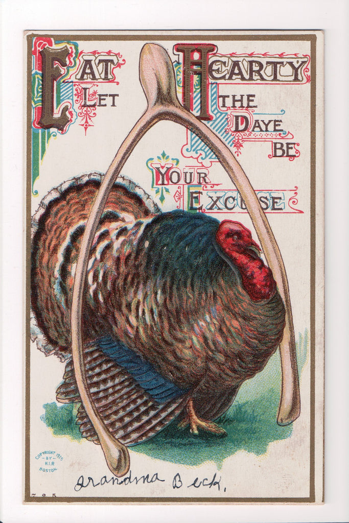 Thanksgiving - Eat Hearty postcard - Turkey, big wishbone - B06430