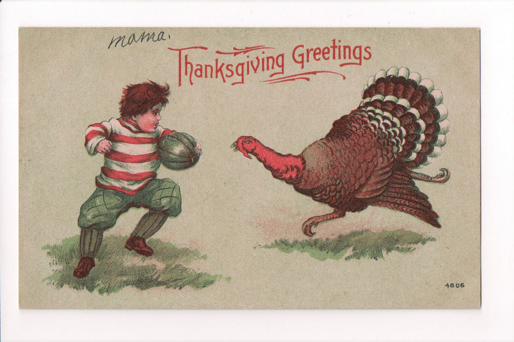 Thanksgiving - Greetings postcard - tom turkey charging boy - B06434