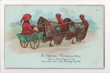 Thanksgiving - Joyful postcard - 2 turkeys pulling boy on wagon - B06680