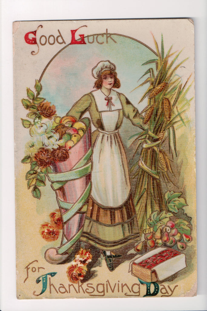 Thanksgiving - Good Luck postcard - woman, corn stalks, horn - B10222