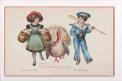 Thanksgiving - Greetings postcard - girl, sailor boy, oar, turkey - C06415
