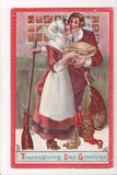 Thanksgiving - Greetings postcard - man, lady, pie, rifle, turkey - D04148