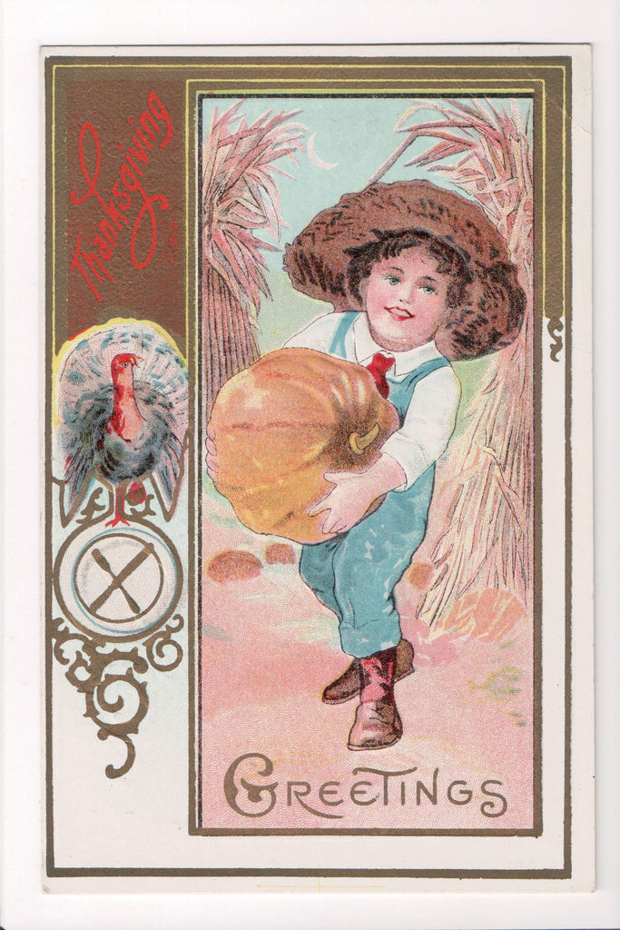 Thanksgiving - Greetings postcard - Boy holding a pumpkin - E10313