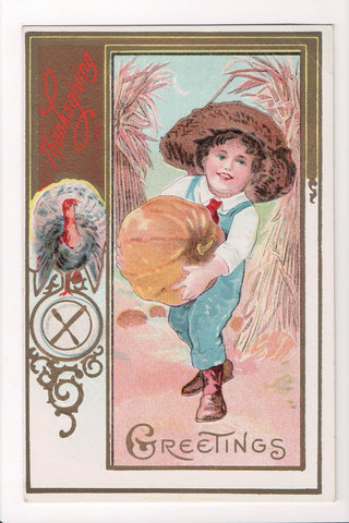 Thanksgiving - Greetings postcard - Boy holding a pumpkin - E10313