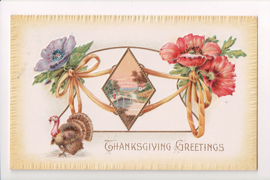 Thanksgiving - Cordial Greetings - turkey, popies postcard - E10468