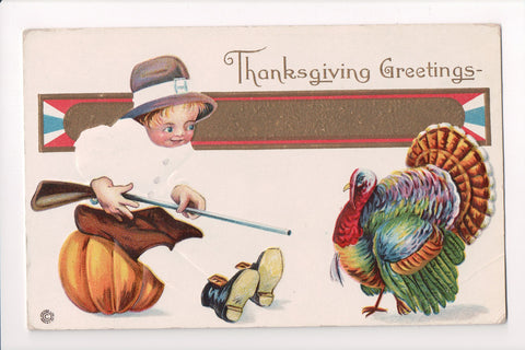 Thanksgiving - Greetings postcard - boy, rifle, turkey - K03188