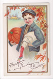 Thanksgiving - Hearty Greetings postcard - Boy, turkey, pumpkin - K03189