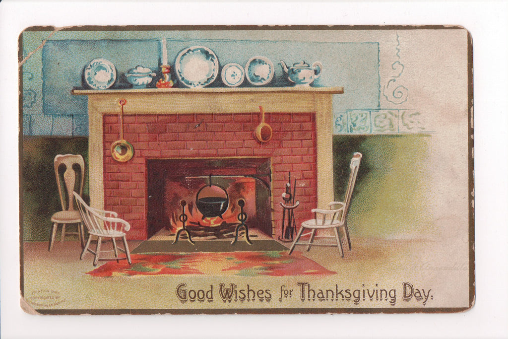 Thanksgiving - Good Wishes - fireplace, delph ware, chairs - w02210
