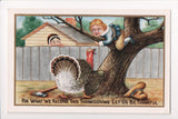 Thanksgiving - Boy chased up tree by turkey, gold embellishments - w04730