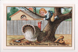 Thanksgiving - Boy chased up tree by turkey, gold embellishments - w04730