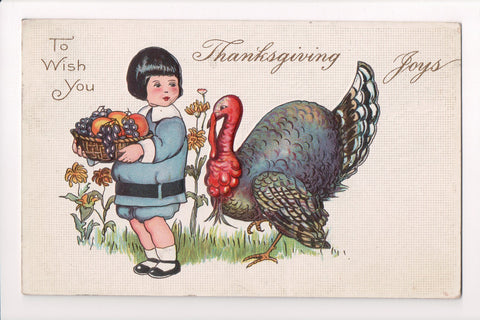 Thanksgiving - Joys, boy with fruit basket, turkey postcard - w05061