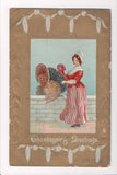 Thanksgiving - Greetings postcard - lady petting turkey - w05066