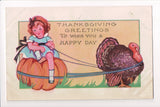 Thanksgiving - Greetings postcard - Girl on pumpkin, turkey - W05079