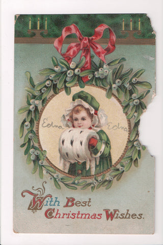 Xmas - With Best Christmas Wishes - girl with large fur muff - 405225 **Damaged / AS IS**