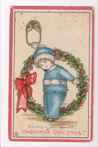 Xmas - Christmas Greetings - Margaret E Price signed - kid in blue - 405230 **Damaged / AS IS**