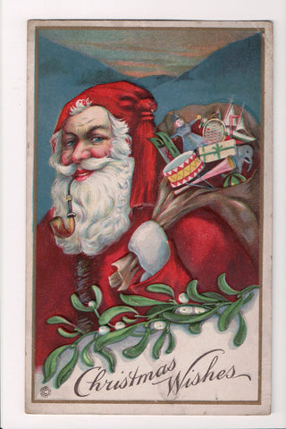 Xmas - Christmas Wishes - Santa with brown sack of toys - @1922 postcard - B1711