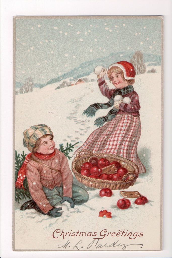 Xmas - Christmas Greetings - kids, snowballs, apple basket - C06736