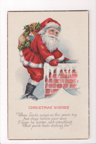 Xmas - Christmas Wishes - Santa entering chimney postcard - C08585
