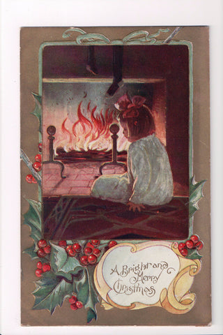 Xmas - A Bright and Merry Christmas, girl by fireplace - C08623