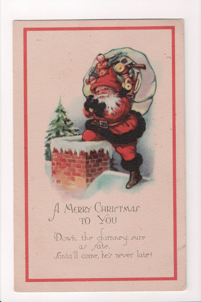 Xmas - A Merry Christmas - Santa, brown fur entering chimney - C08625