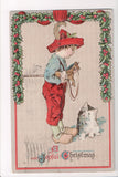 Xmas - A Joyful Christmas - Boy in red hat, wood shoes, cat - C08627