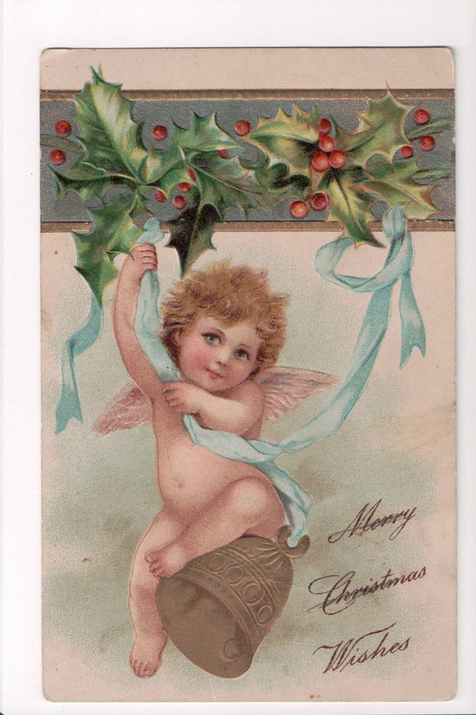 Xmas - Merry Christmas Wishes, bare child angel on bell - C08629