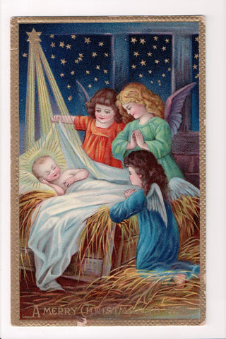 Xmas - A Merry Christmas - girl angels looking over Christ Child - C08638