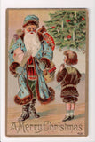 Xmas - Santa in blue coat and hat with gold dots, toys, boy etc - D08100