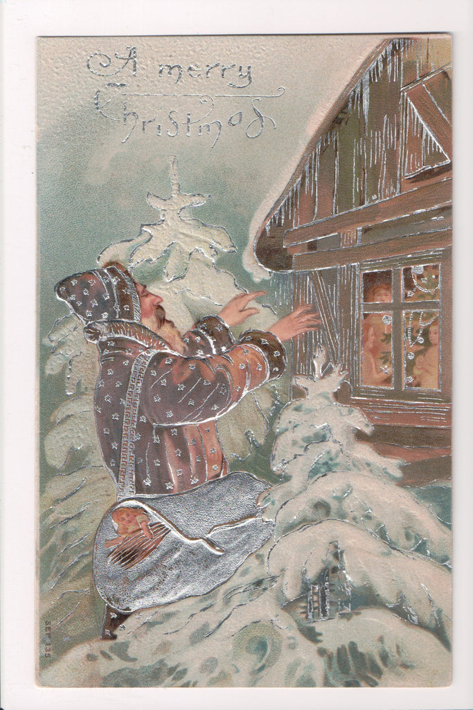 Xmas - Santa Claus in Brown coat / hat with silver stars, silver sack - D08101