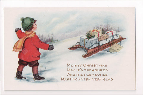 Xmas - Merry Christmas - boy sled filled with gifts - Witney Made - S01272
